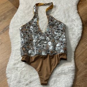 NWOT Michael Costello x Revolve Shimmer Bling Stunning Silver Body Suit Small